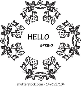 Text of hello spring background with beautiful leaf flower frame. Vector