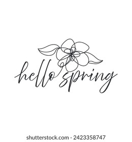 Text HELLO, SPRING and drawn flower on white background