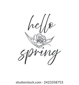 Text HELLO, SPRING and drawn flower on white background