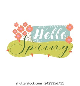 Text HELLO, SPRING and flowers on white background