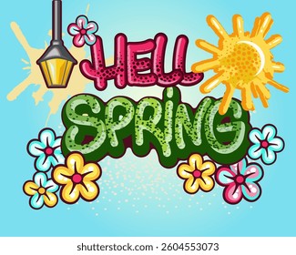 text hello spring with image of flowers sun and lantern in graffiti style