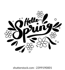 Text Hello Spring inscription. Handwriting text Hello Spring. Text banner square composition. Hand drawn vector art.