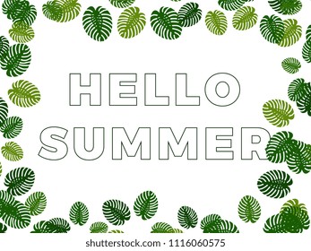 text hello summer in the frame of the monstera leaves on white background