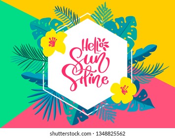 Text Hello summer in geometric tropical floral leaves frame. Hand drawn lettering calligraphy vector illustration. quote design logo greeting card. Inspiration typography poster, banner
