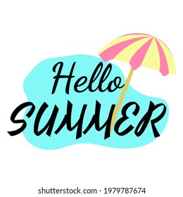 text hello summer on blue spot with beach umbrella in yellow and red colors isolated on white background