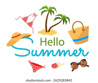 Text hello summer on a white background. Hat, sunglasses, palm trees, swimsuit, ice cream