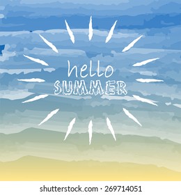 text hello summer with white sun over yellow blue background, seasonal card, vector