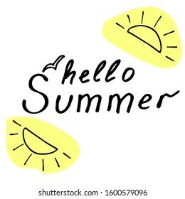Text ,, Hello summer "with a drawing of a bird, hand-drawn. White isolated background. Vector illustration