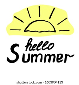 Text ,, Hello Summer "with an umbrella pattern, hand-drawn. White background with a yellow circle. Vector illustration