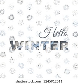 text 'hello winter' with paper cut layers and colorful snowflakes on white background. vector illustration for banner, poster, greeting card, flyer, invitation, brochure. eps 10