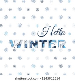 text 'hello winter' with paper cut layers and colorful snowflakes on white background. vector illustration for banner, poster, greeting card, flyer, invitation, brochure. eps 10