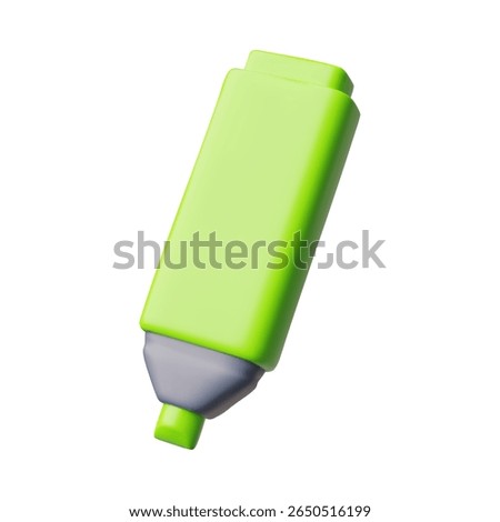 Text highlighter 3D plastic cartoon style icon. Realistic blue pencil, felt-tip pen. Kids and office stationery for highlight marker stripes. Vector render illustration isolated on white background