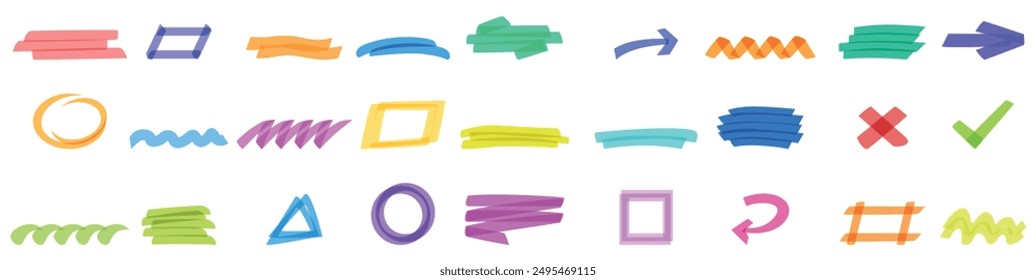 Text highlighter icons set. Set of colorful hand drawn highlighter elements isolated on white background, for marking text