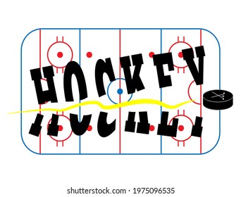 Text Hockey separated by a flying puck on the background of the playing field diagram. Sports vector illustration.