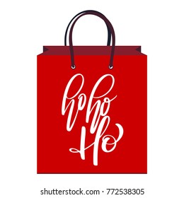 text Ho-ho-ho hand written calligraphy lettering on the red package. handmade vector illustration. Fun brush ink typography for photo overlays, bag, t-shirt print, flyer, poster design