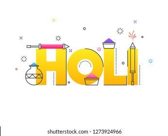 Holi de texto con elementos del festival sobre fondo blanco para la celebración del festival de colores.