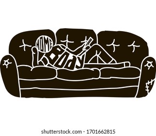 The text "homebody" stylized as a person lying on a sofa. Creative lettering, the personification of the word "homebody".