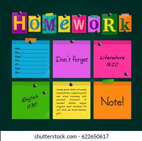 Text Homework and colorful sticky paper attached to a blackboard with magnets. Vector.