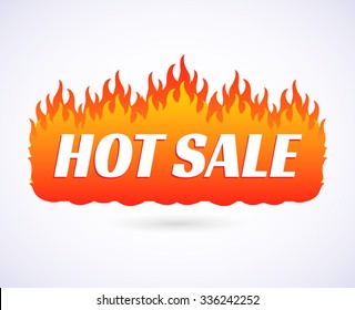 Text Hot Sale of goods at big discount prices. Flames of fire banner, poster on isolated on a white background. Vector illustration EPS 10