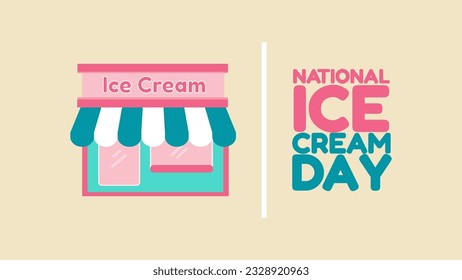 Text of Ice Cream Day with Building Shop in Blue Pink White Color for Template Card, Banner, Website, Sale Promo