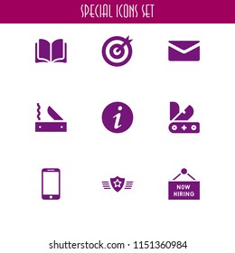 text icon. 9 text set with mail, rank, swiss knife and goal vector icons for web and mobile app