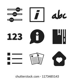 text icon. 9 text vector icons set. list, info and sweet home icons for web and design about text theme