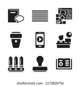 text icon. 9 text vector icons set. justified, full time job and coffee cup icons for web and design about text theme