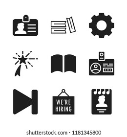 text icon. 9 text vector icons set. hiring, agenda and three books icons for web and design about text theme