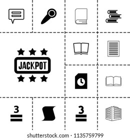 Text icon. collection of 13 text filled and outline icons such as 3 allowed, document, door knob, book, chat, jackpot, paper. editable text icons for web and mobile.