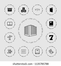 Text icon. collection of 13 text filled and outline icons such as abc cube, 7 number, document, book, direction, jackpot. editable text icons for web and mobile.