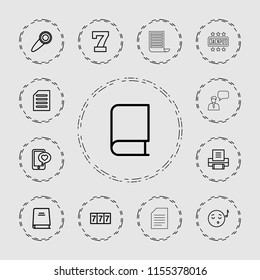 Text icon. collection of 13 text outline icons such as 7 number, emoji listening music, phone with heart, document, book, printer. editable text icons for web and mobile.