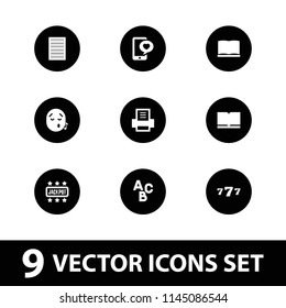 Text icon. collection of 9 text filled icons such as book, phone with heart, printer, 7 number, jackpot, abc, emoji listening music. editable text icons for web and mobile.