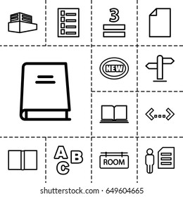Text icon. set of 13 outline text icons such as document, 3 allowed, documents box, room tag, book, direction, new, abc, paper, quotation