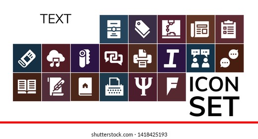 text icon set. 19 filled text icons.  Simple modern icons about  - Postcard, Newspaper, Book, Paper, Copywriter, Psi, Foursquare, Music file, Chat, Printer, Italic, Tag, Checklist