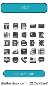  text icon set. 25 filled text icons. Simple modern icons about  - Audio book, Book, Bingo, Chat, Books, Xls, Postcard, Paper, Contract, Blogger, Message, Curriculum vitae, Autograph