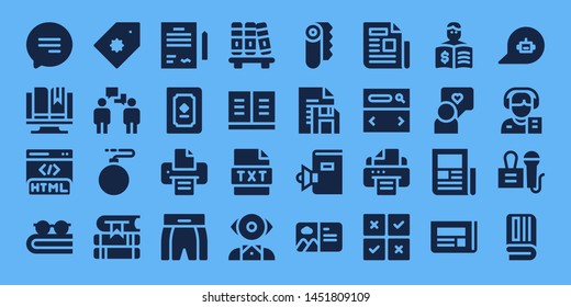 text icon set. 32 filled text icons. on blue background style Collection Of - Chat, Ebook, Html, Book, Price tag, Conversation, Bomb, Books, Contract, Printer, Boxing shorts, Bookshelf