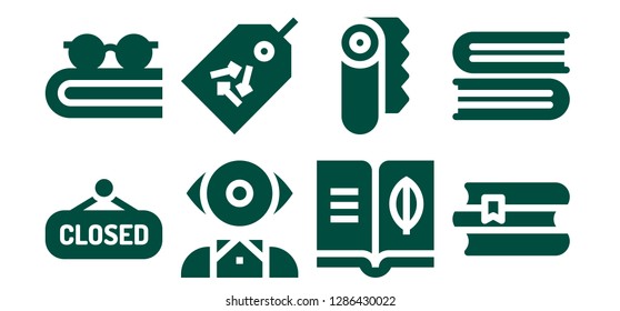  text icon set. 8 filled text icons. Simple modern icons about  - Closed, Book, Mentalist, Tag, Paper, Books