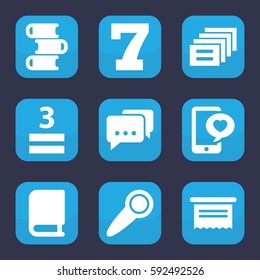 text icon. Set of 9 filled text icons such as 7 number, 3 allowed, phone with heart, door knob, message, book