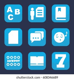 Text icon. set of 9 filled text icons such as 7 number, Jackpot, emoji listening music, book, man and document, message, ABC