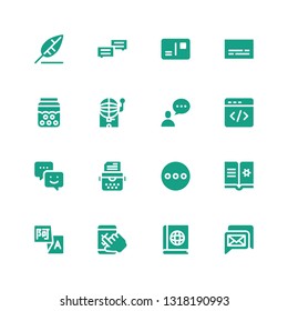 text icon set. Collection of 16 filled text icons included Chat, Book, Feedback, Translation, Ebook, Message, Typewriter, Html, Bingo, Bubble, Subtitles, Postcard, Write