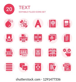 text icon set. Collection of 20 filled text icons included Bomb, Vocabulary, Book, Text lines, Birthday card, Printer, Ebook, Chat, Paper, Doc, Jpg, Wanted, Bookshelf, Feedback