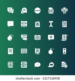 text icon set. Collection of 25 filled text icons included Document, Chat, Book, Bubble, Bomb, Papyrus, Feedback, Read, Conversation, Text width, Postcard, Ebook, Comment, Printer