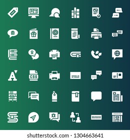 text icon set. Collection of 36 filled text icons included Library, Book shelf, Discussion, Chat, Book, Newspaper, Message, Price tag, Bookcase, Postcard, Dialogue, Subtitles