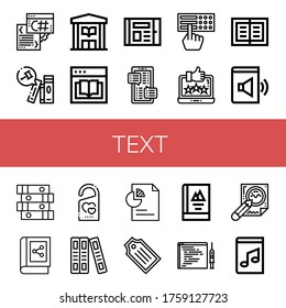 text icon set. Collection of Script, Books, Library, Ebook, Message, Braille, Feedback, Book, Audio book, Do not disturb, Document, Tag, Code injection, Contract, Music book icons