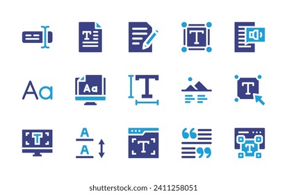 Text icon set. Duotone color. Vector illustration. Containing box, text, text editor, speech, typography, image, font size, size, line spacing, quotes, edit.