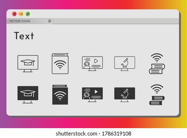 text icon set. included audiobook, instructor, book, microscope icons on white background. linear, filled styles.