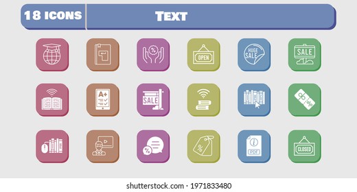 text icon set. included book, discount, sale, ereader, books, teacher, pdf, school, chat, price tag, closed, enter, open icons on white background. linear, filled styles.