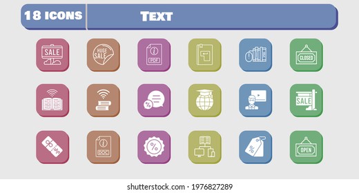 text icon set. included book, discount, sale, teacher, pdf, books, school, chat, price tag, doc, closed, enter, open icons on white background. linear, filled styles.