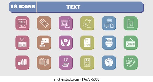 text icon set. included ereader, sale, books, teacher, pdf, school, book, price tag, closed, discount, enter, icons on white background. linear, filled styles.