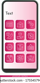 conjunto de iconos de texto. incluido regalo, calendario, tienda en línea, venta, 24 horas, hipoteca, camisa, llamada telefónica, chaqueta, cerrado, marcador de posición, íconos de código de barras en el fondo del diseño del teléfono. estilos lineales.